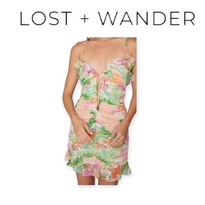 Lost + Wander Abstract Watercolor Smocked Mini Dress Large Chiffon Ruffle Adjust